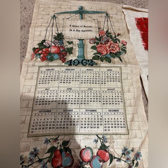 Lot 8 Vintage 60s 70s Linen Calendar Towels Country Farmhouse Folk Kitchen - Picture 2 of 13